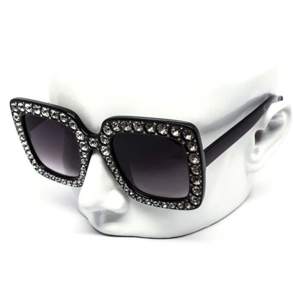 Rhinestone Sunglasses Women's Fashion Square Black‎ Frame Shades UV400 Protect